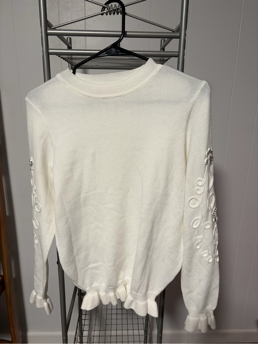 Nanette Lepore Cream Ruffle-Hem Sweater with Eyelet Sleeve Detail